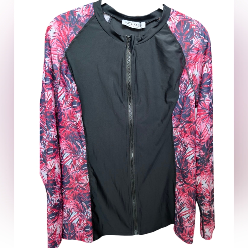 Kate Kasin Black and Pink Floral Rash Guard Top Large